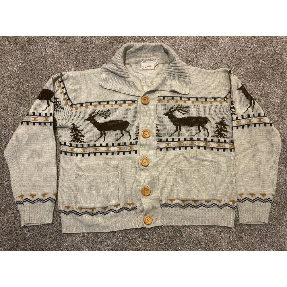 Vintage 1970’s Mens XL Elk Deer Horse Cowichan Acrylic Cardigan-Rodeo Sweater